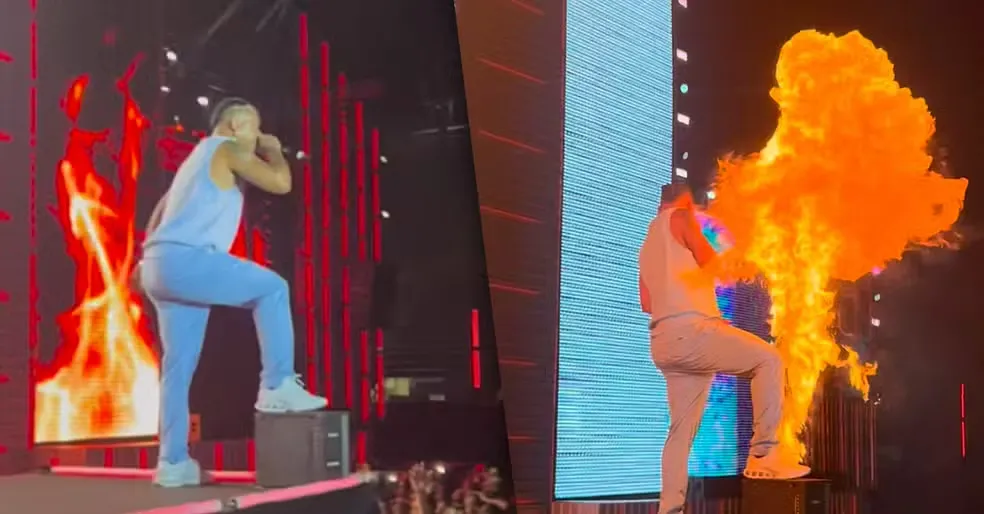 Major RD é atingido por máquina de fogo durante show no Rio em 2024.