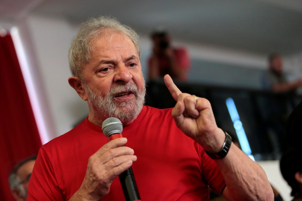 Former Brazilian President Luiz Inacio Lula da Silva speaks at the metallurgical trade union while the Brazilian court decides on his appeal against a corruption conviction that could bar him from running in the 2018 presidential race, in Sao Bernardo do 