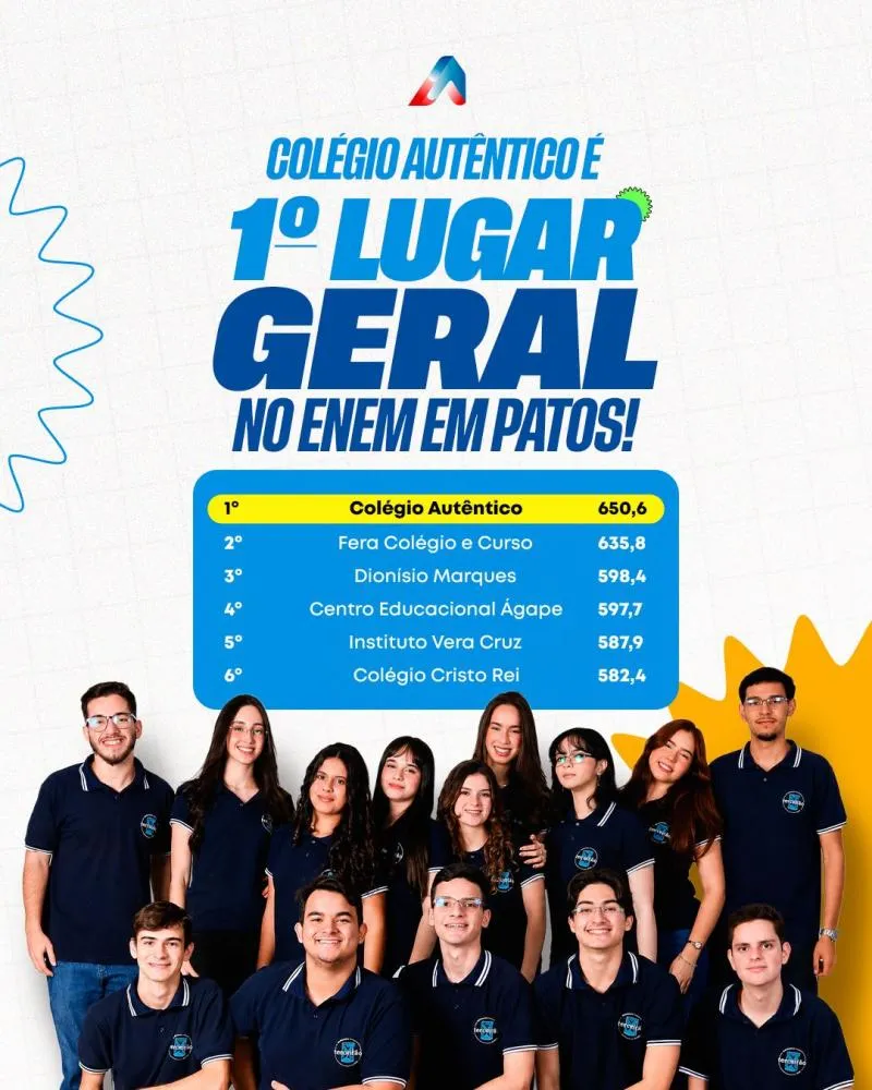 Colégio Autêntico conquista 1º lugar no ENEM 2025 entre as escolas de Patos